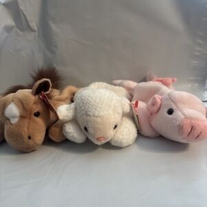 Ty Beanie Babies Lot Of‎ 3 Vintage Farm Animals: Derby, Fleece,Squealer